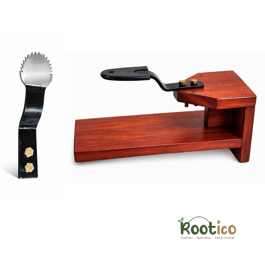 Traditional Polished Wooden Coconut Scraper | Table-Top Chirava Grater | Thengai Thuruvi Manual Coconut Grater with Stainless Steel Blade | Heavy Duty Kitchen Tool for Fresh Coconut Scraping – 28 cm