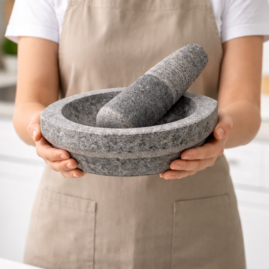 Stone Mortar and Pestle Set (Kalvam) 8 Inch Boat Shape, 2.8 Kg, 1 Cup | Handmade Silbatta for Chutney and Masala | Heavy Duty Khalbatta