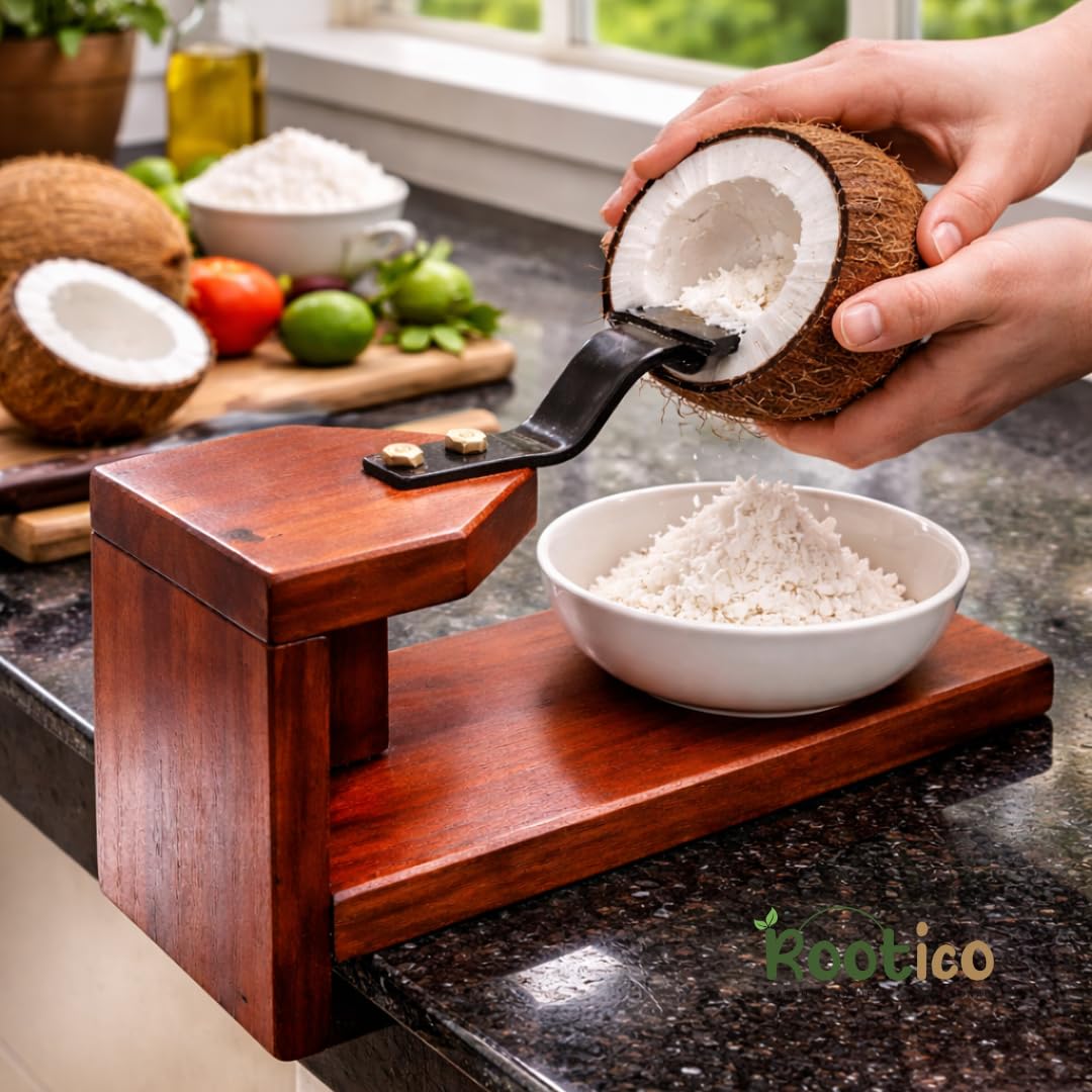 Traditional Polished Wooden Coconut Scraper | Table-Top Chirava Grater | Thengai Thuruvi Manual Coconut Grater with Stainless Steel Blade | Heavy Duty Kitchen Tool for Fresh Coconut Scraping – 28 cm
