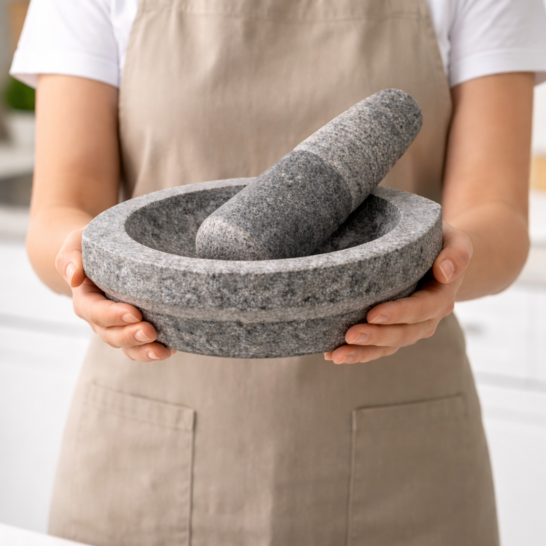 Stone Mortar and Pestle Set (Kalvam)  8 Inch Boat Shape, 2.8 Kg, 1 Cup | Handmade Silbatta for Chutney and Masala | Heavy Duty Khalbatta