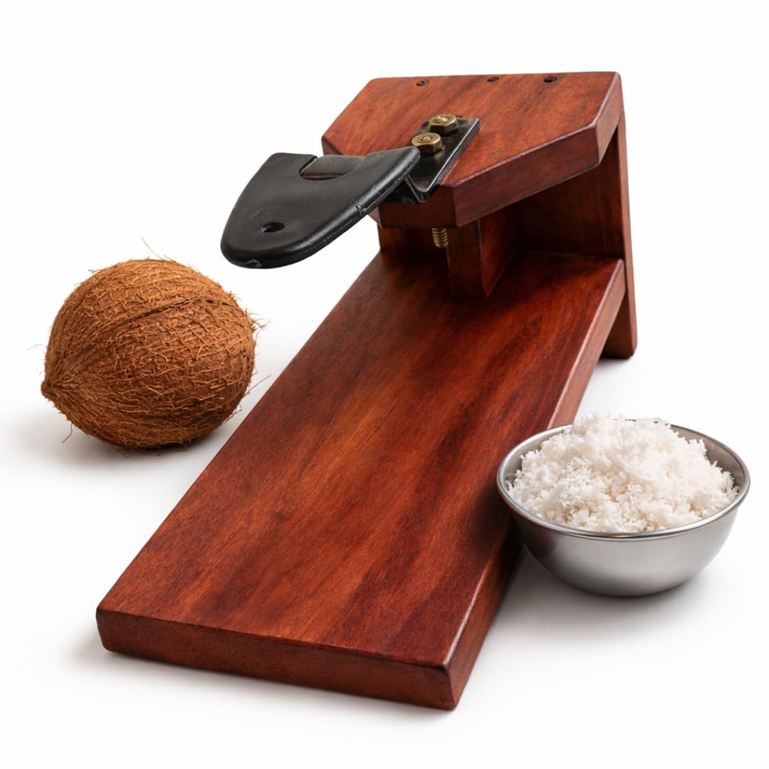 Traditional Polished Wooden Coconut Scraper | Table-Top Chirava Grater | Thengai Thuruvi Manual Coconut Grater with Stainless Steel Blade | Heavy Duty Kitchen Tool for Fresh Coconut Scraping – 28 cm