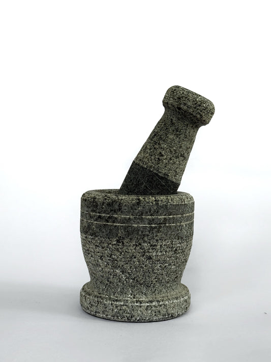 Stone Mortar and Pestle Set with Free Areca Leaf Spoon - Okhli Masher, Khalbatta Stone, Natural & Traditional Grinder, Ammi kutty, Musal, Well Design for Kitchen,Herbs,Grinding stone