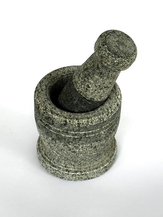 Stone Mortar and Pestle Set with Free Areca Leaf Spoon - Okhli Masher, Khalbatta Stone, Natural & Traditional Grinder, Ammi kutty, Musal, Well Design for Kitchen,Herbs,Grinding stone