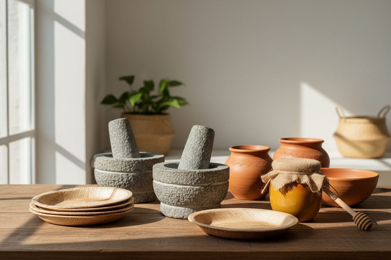The scene shows a warm, sunlit kitchen and natural lifestyle setting with a wooden surface. Carefully arranged on the table are traditional stone grinding stones (mortar and pestle), areca leaf plates, clay cookware, and a jar of natural honey.

The products look authentic, handcrafted, and natural, made from stone, clay, and plant-based materials. Textures are matte, earthy, and realistic — no gloss or artificial shine.

The background is clean and minimal, with soft natural light, gentle shadows